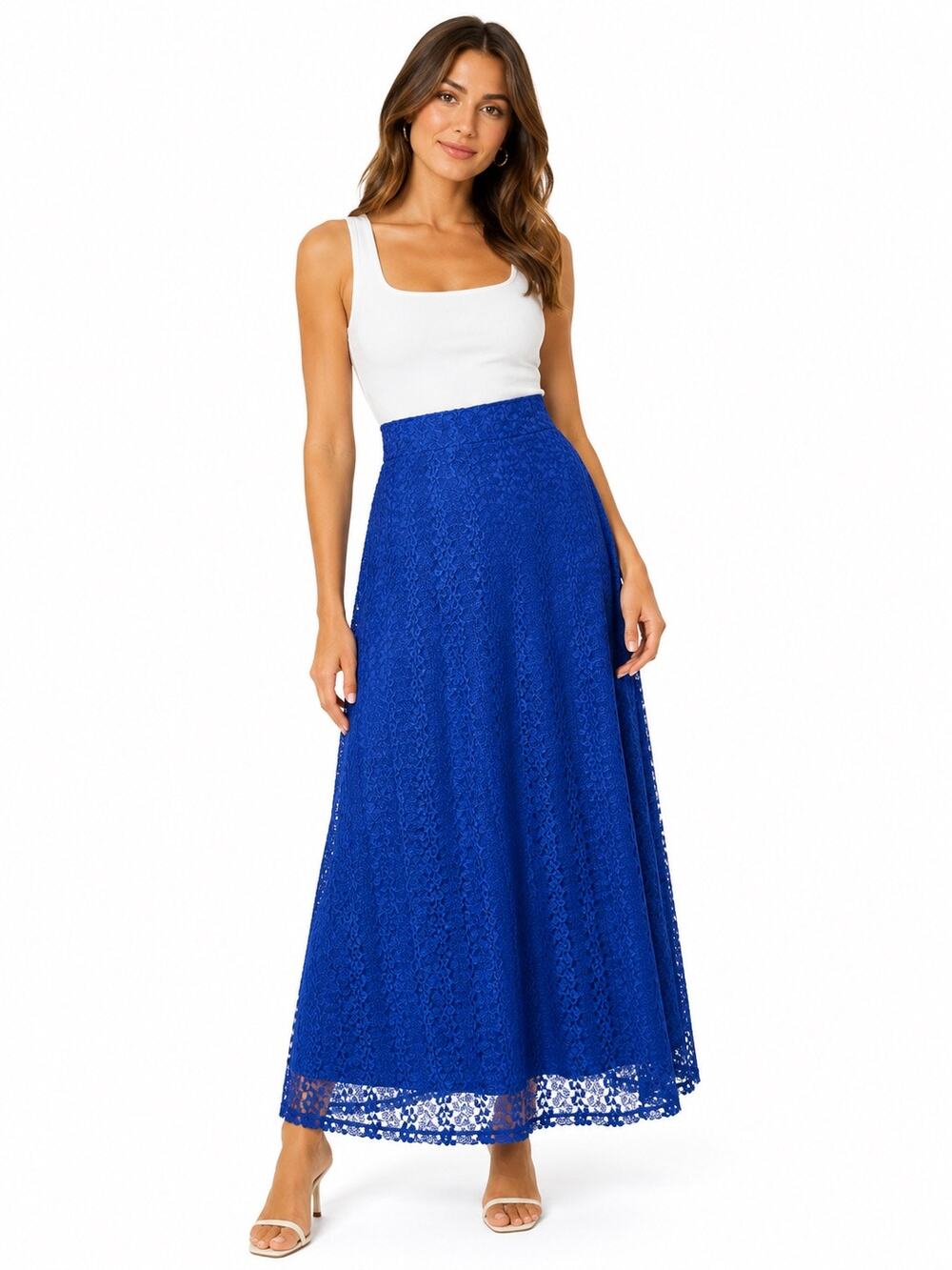 NWT Elizabeth & Nicole Royal Blue Lace Elastic Waist A-Line Maxi Skirt
